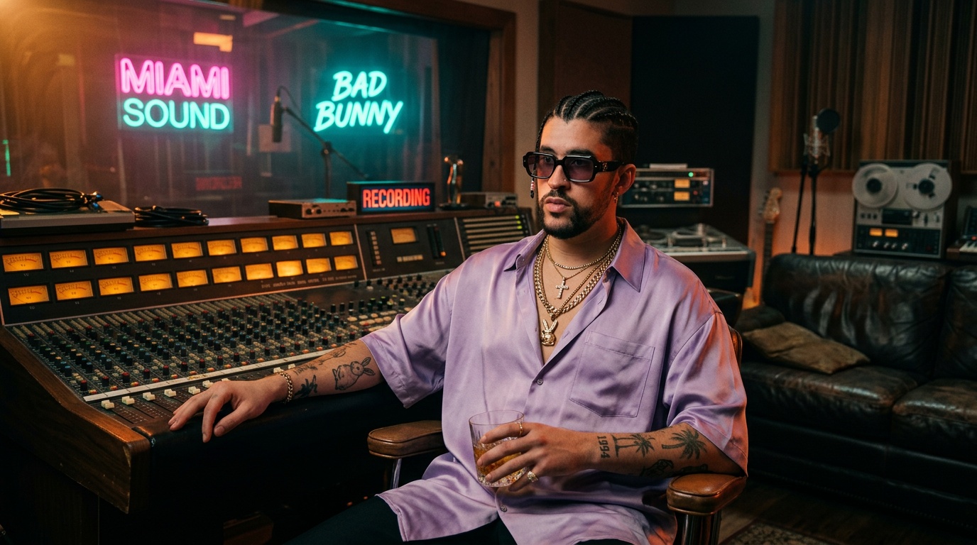 Bad Bunny dans un studio d'enregistrement vintage à Miami