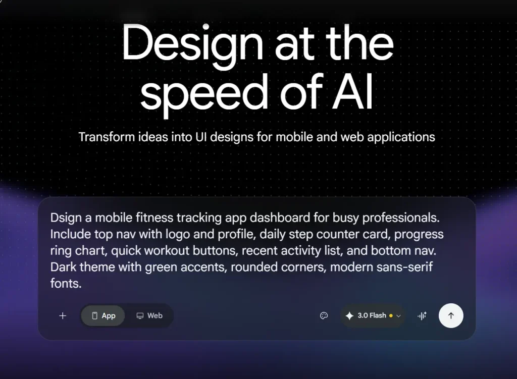 L'interface de Stitch avec son prompt et ses options de génération